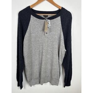 J Crew Henley Mens Large Knit Gray and Navy Blue Shirt Pullover Light Knit Layer